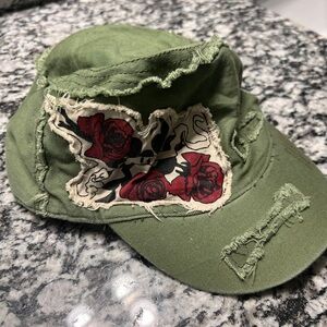 Army green hat with red rose detail and some distress, ed hardy style